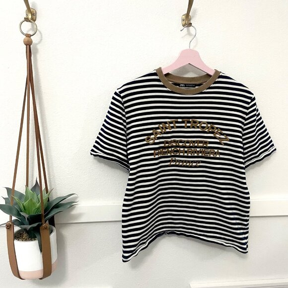 Zara St Tropez Discover the French Riviera Navy Stripe Tee Size S - Picture 1 of 4